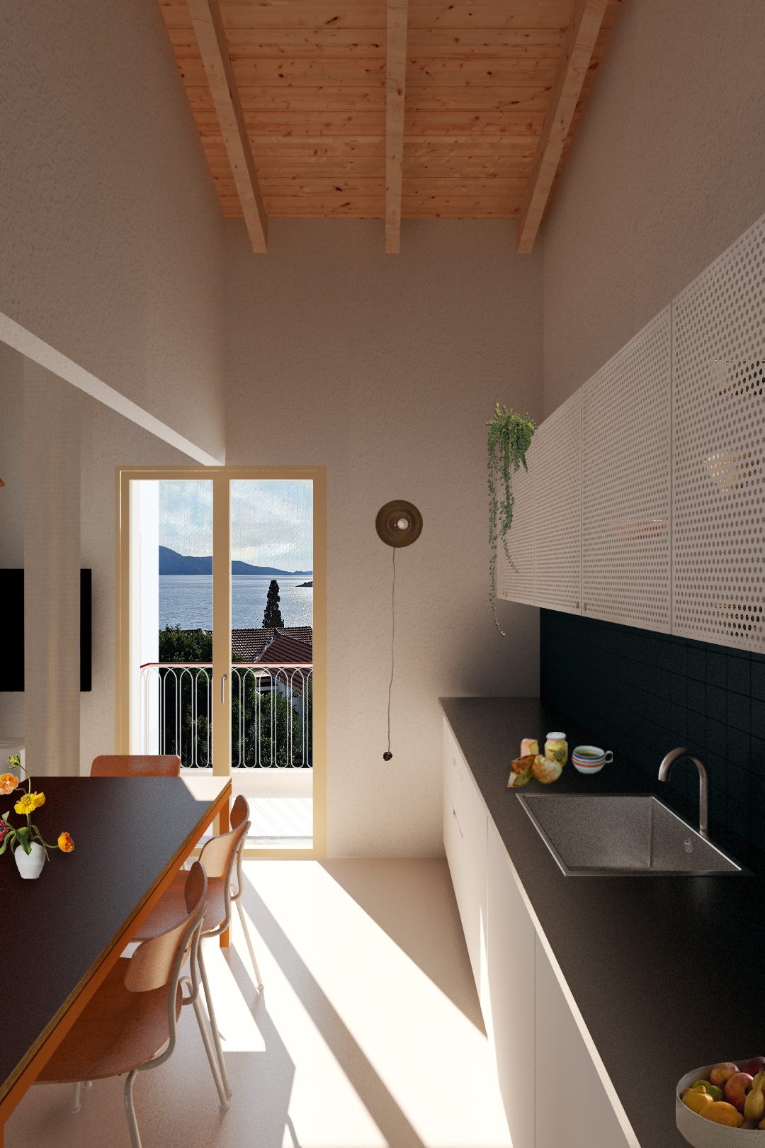 Living room in the Ionian - 250425 Kitchen 1 darker tile